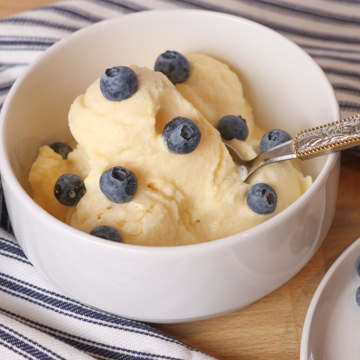 bowl of homemade vanilla ice cream with blueberries and a spoon