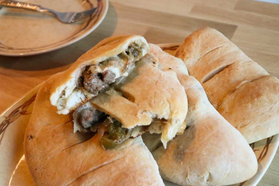 inside philly cheesesteak calzone