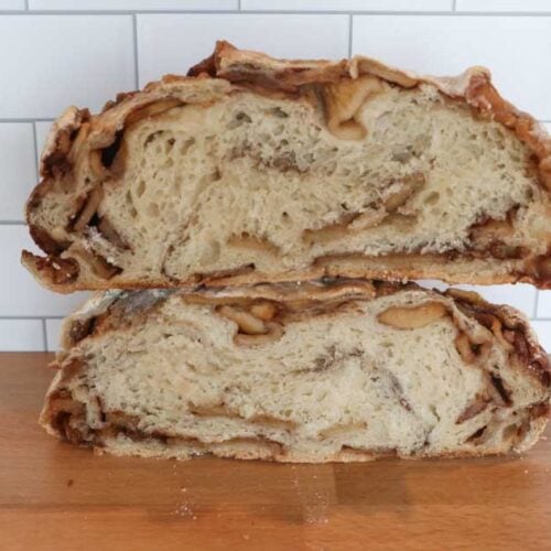 apple cinnamon sourdough bread sliced in half