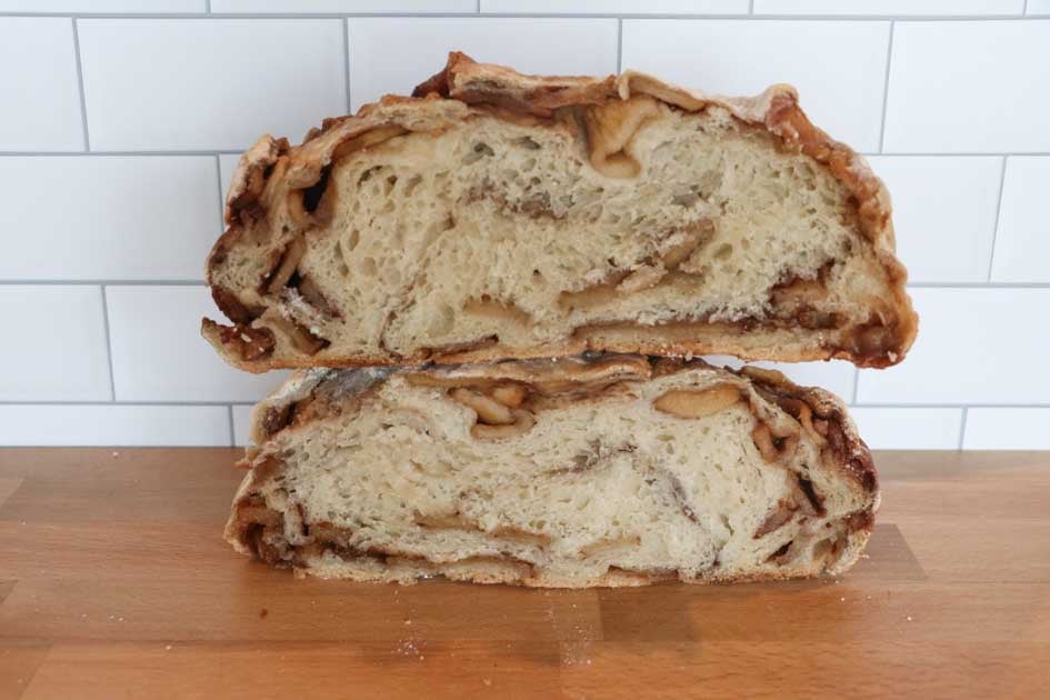 apple cinnamon sourdough bread sliced in half