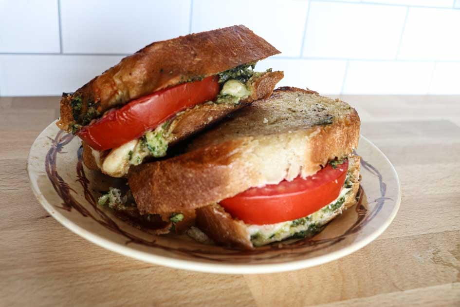 tomato pesto grilled cheese sandwich sideview