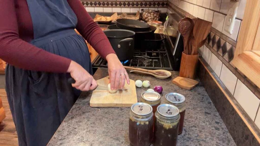 chopping veggies for cheeseburger soup