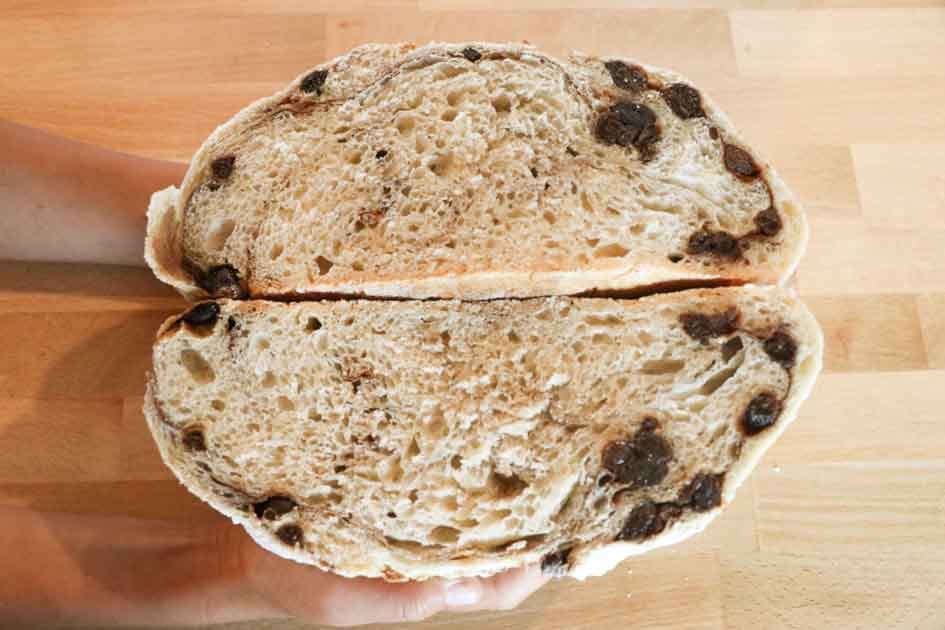 crumb on cinnamon raisin sourdough