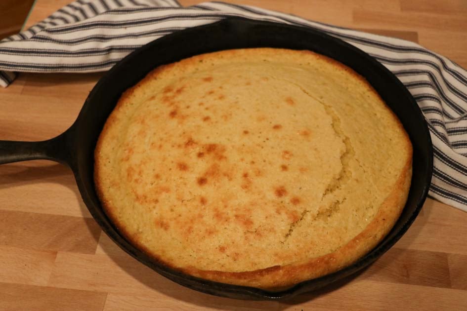 skillet of sourdough cornbread