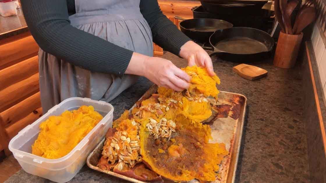 sorting seeds out of a baked pumpkin for puree