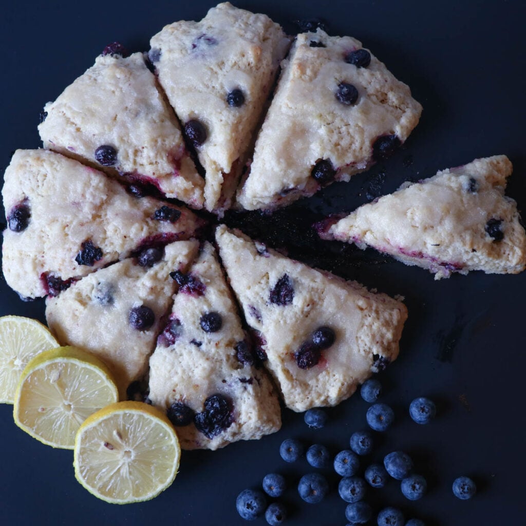 lemon blueberry sourdough scones up close square