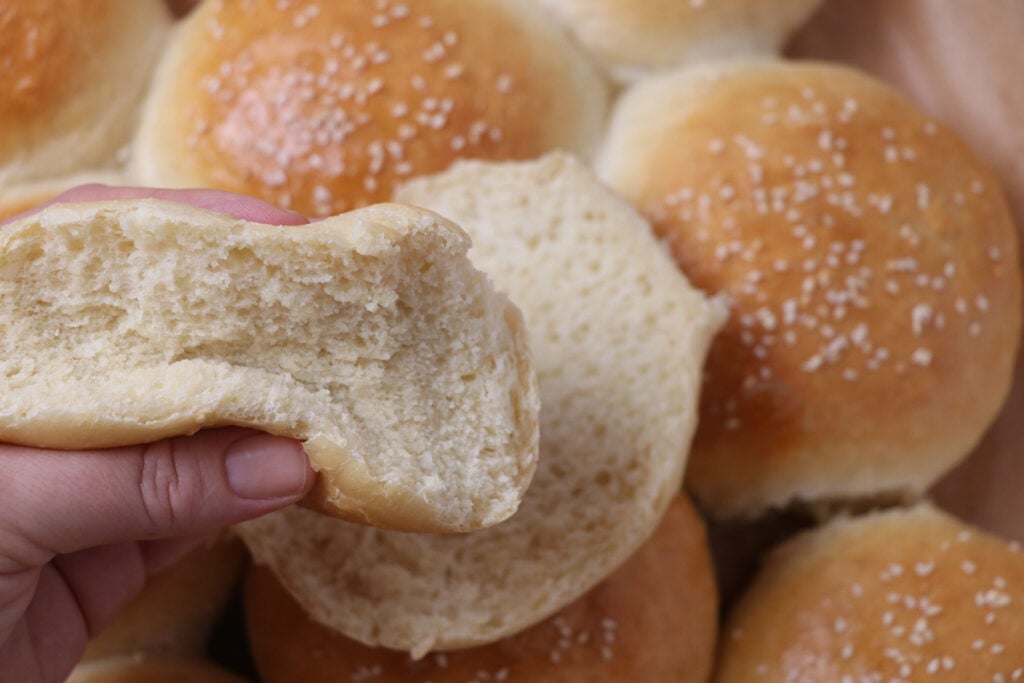 soft and fluffy sourdough hamburger buns sliced
