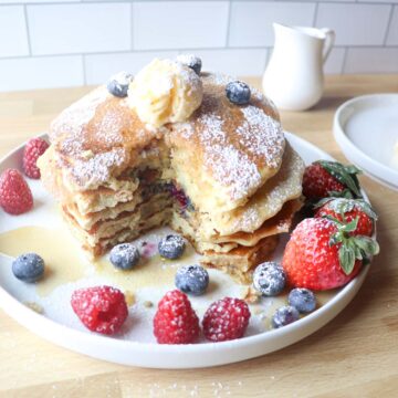 sourdough blueberry pancakes on a plate square