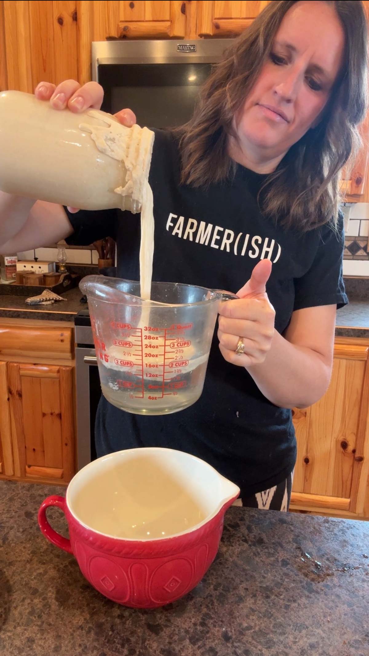 adding starter to baguette dough