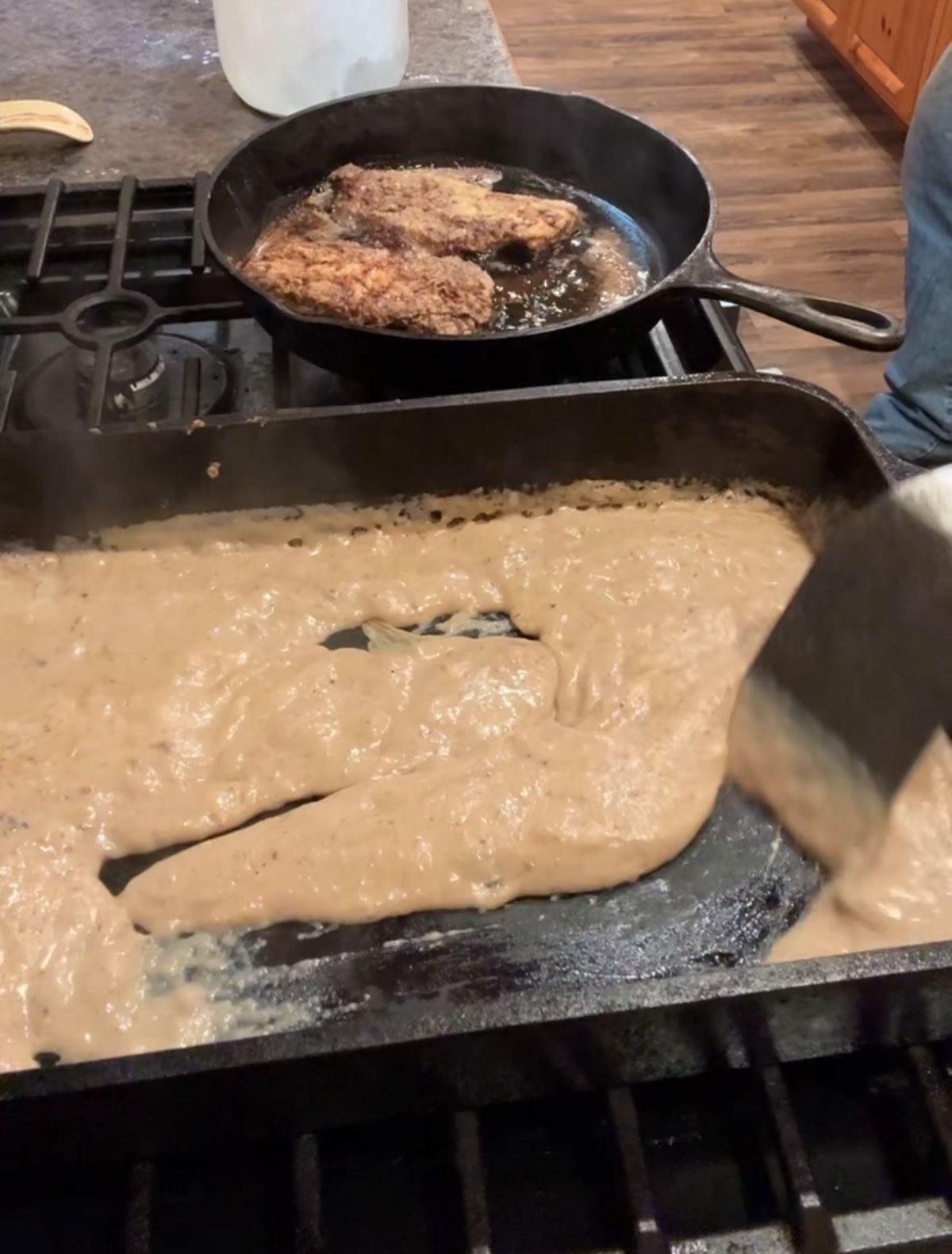 making gravy in a cast iron pan