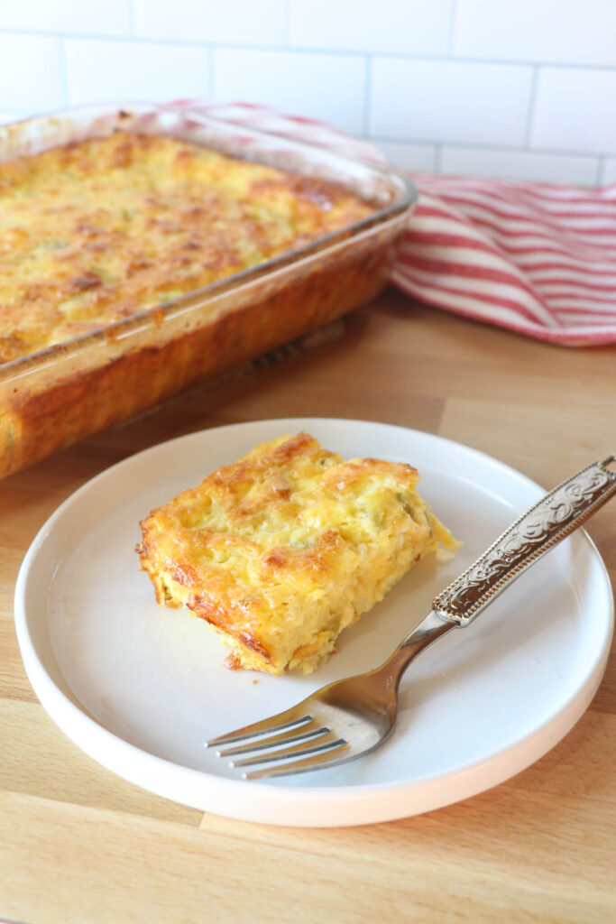 piece of egg casserole with fork