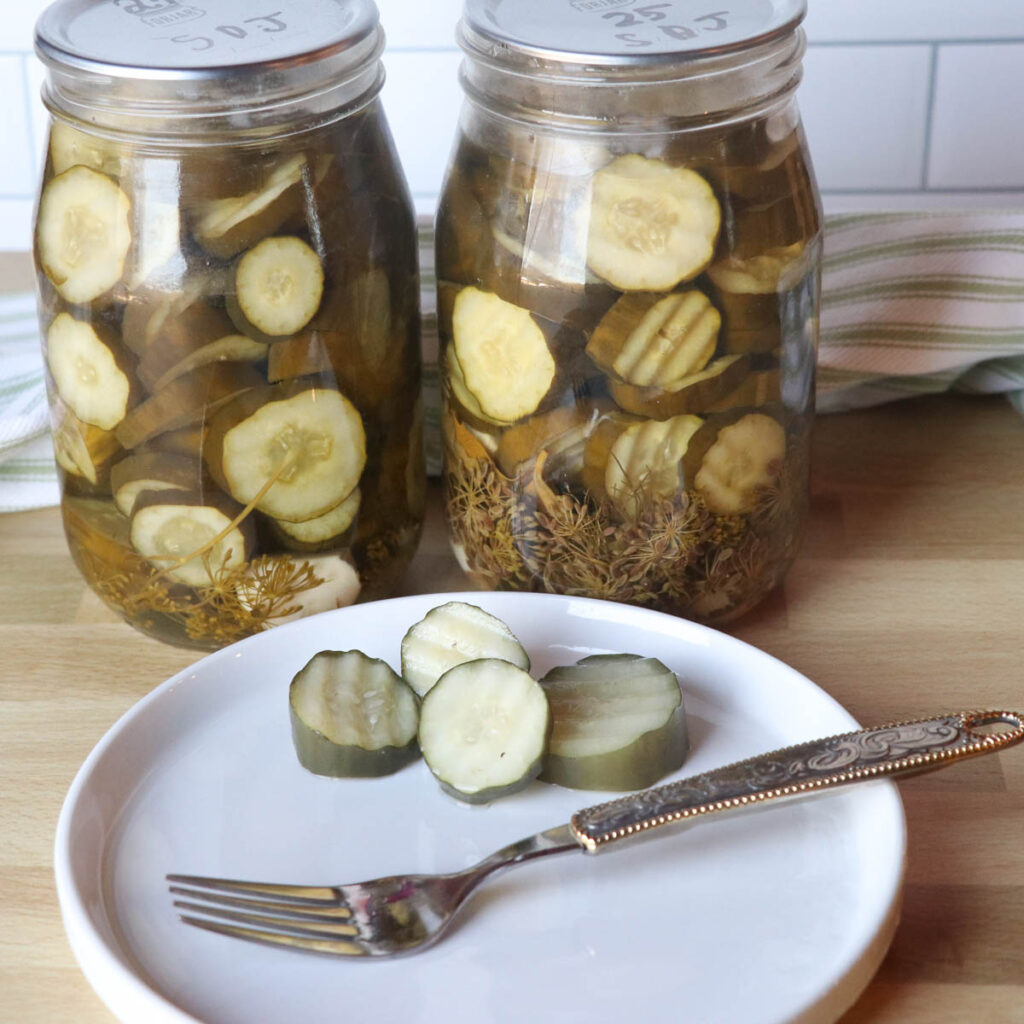 sweet dill pickles on plate square