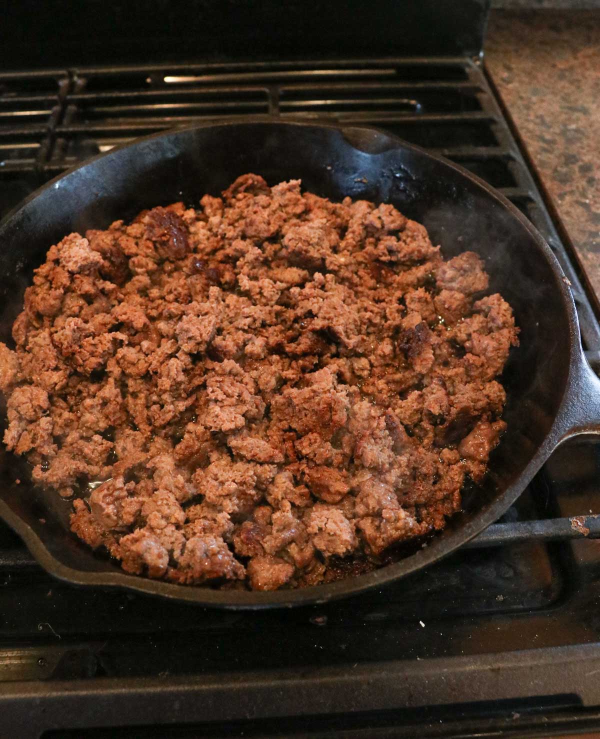 browned venison sausage in skillet