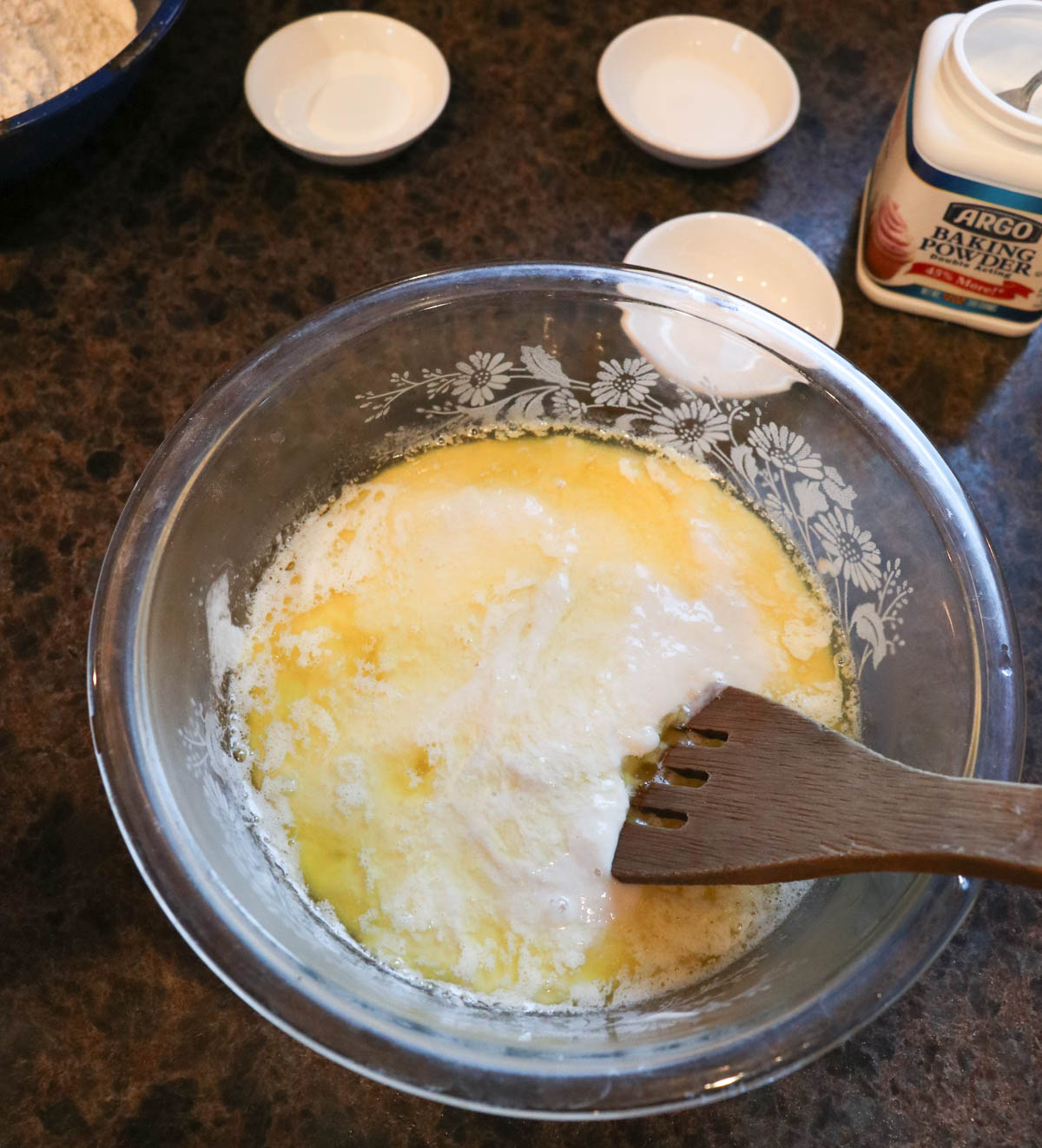 mixing up wet ingredients for sourdough drop biscuits